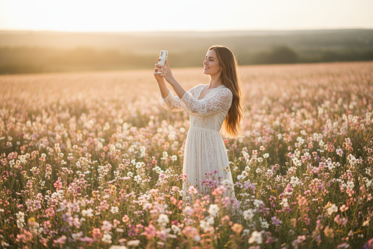 une image d'une jeune fille qui tient son portable dans un champ de fleur. Je veux que ce soit une image romantique